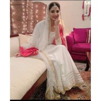 Party Wear Gotta work Linen off White dress With Kiran Lace Dupatta