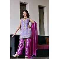 Purple Pure Chiffon Embroidered Dress for Womens 