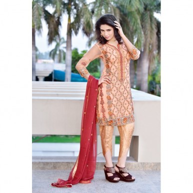  Pure Chiffon Embroidered Dress With Red Dupatta