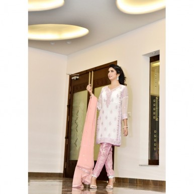  Pure Chiffon Embroidered Dress With Banarsi trouser 