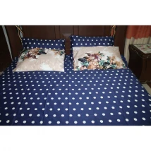 Blue Polka Dots Export Quality Cotton Satin Bed Sheet With 2 Pillows
