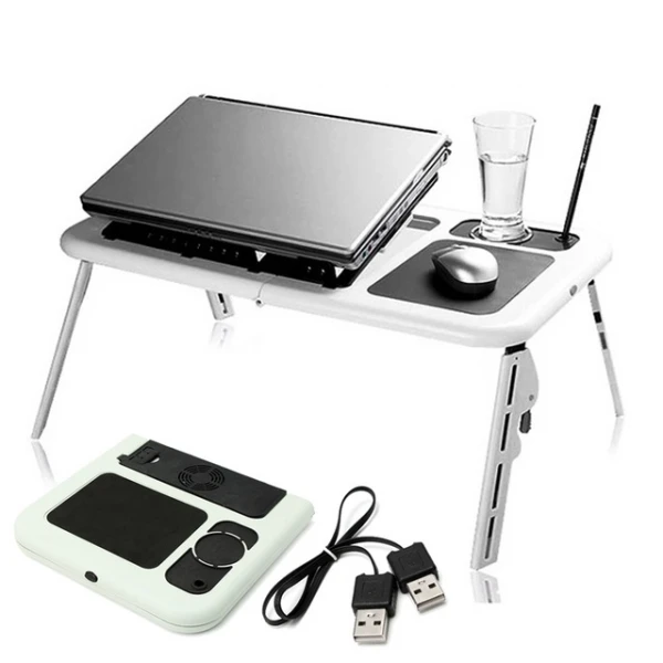 Portable Foldable Laptop Table With Cooling Fans E-Table Tray Usb Mouse Pad And Cup Holder