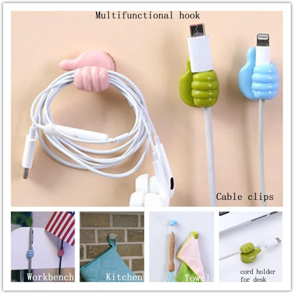 10-Piece Silicone Thumb Wall Hooks: Versatile Cable Organizer Clips, Key Holders, and Utility Storage Solution – No Punching, No Nails Required