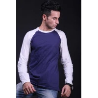 CREW NECK NAVY BLUE AND WHITE LONG RAGLAN SLEEVES T-SHIRT