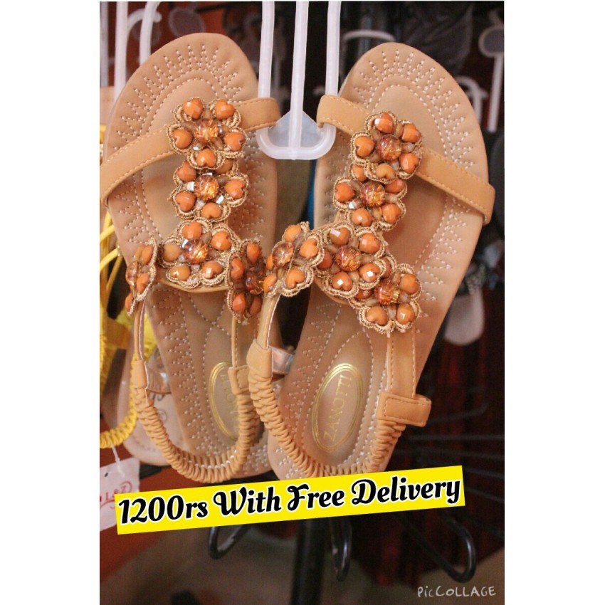 Brown Fancy Ladies Slippers with Beads