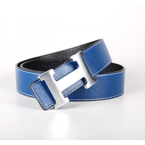 Hermes Blue Leather Belt With Silver Buckle